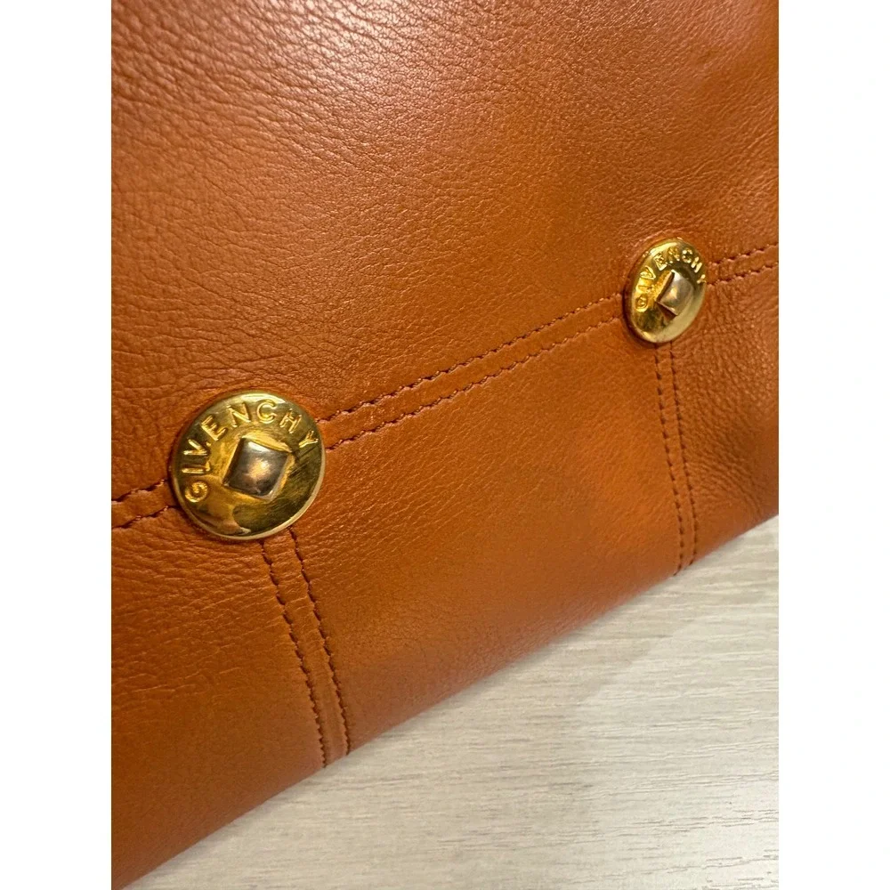 Givenchy Vintage Tan Leather Drawstring Backpack Gold Hardware Studded Logo‎